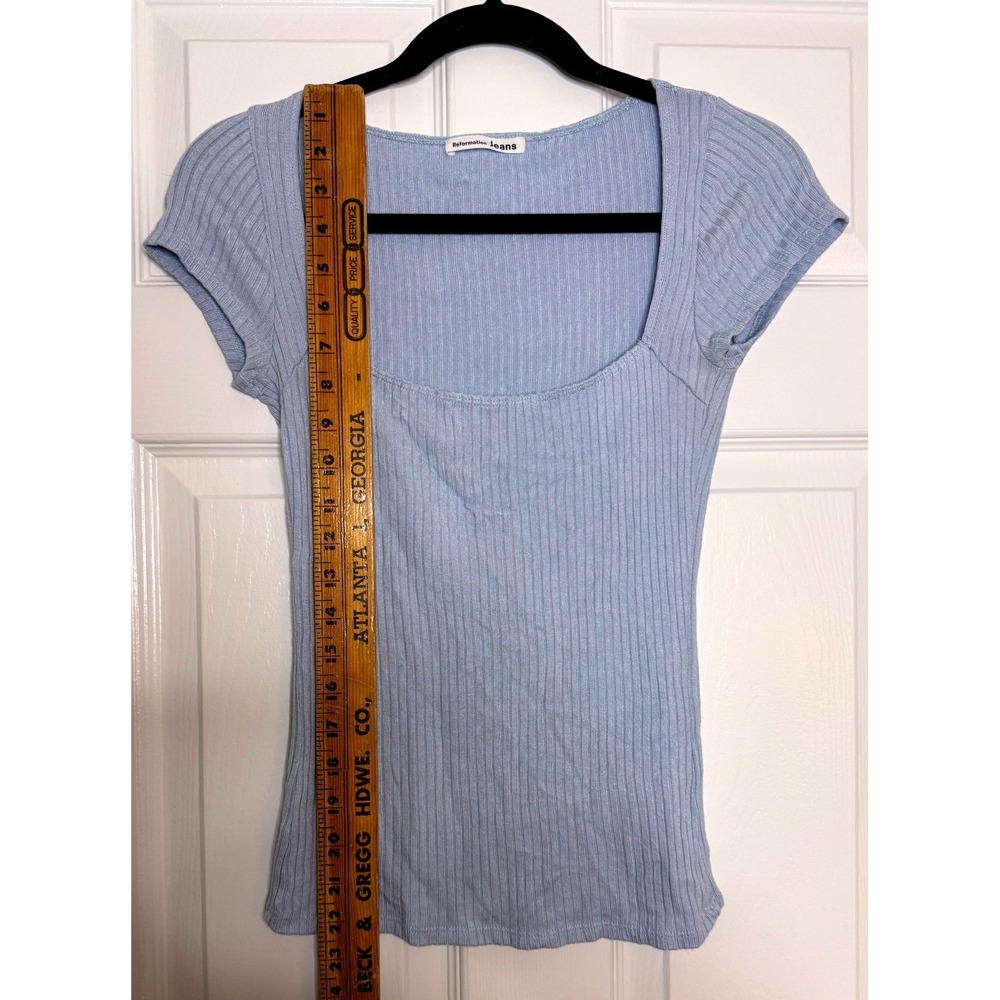 Reformation Jeans Ribbed‎ Square Neck Short Sleeve Top Baby Blue Size S - Picture 6 of 6